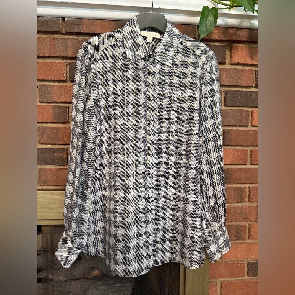 #7) Etcetera silk blouse black and white with sparkling gold checkers Size 6